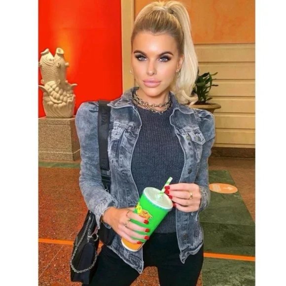 Gray Acid Wash Distressed Denim Jeans Long Puff Sleeve Jacket - Picture 5 of 9